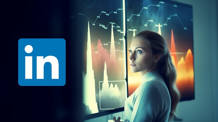 AI-generert illustrasjon av en kvinne som står foran fargerike grafer og illustrasjoner. Hun ser til venstre i bildet - der LinkedIn-logoen er plassert. 