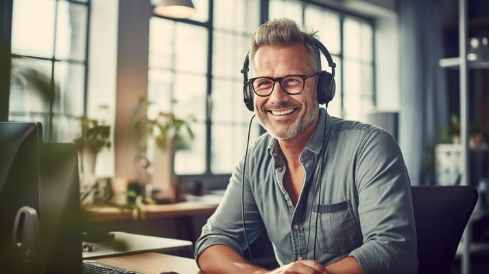 customer success man with headset smiling bright office