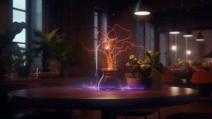 a tesla coil glowing into a plant to suggest it feeds growth