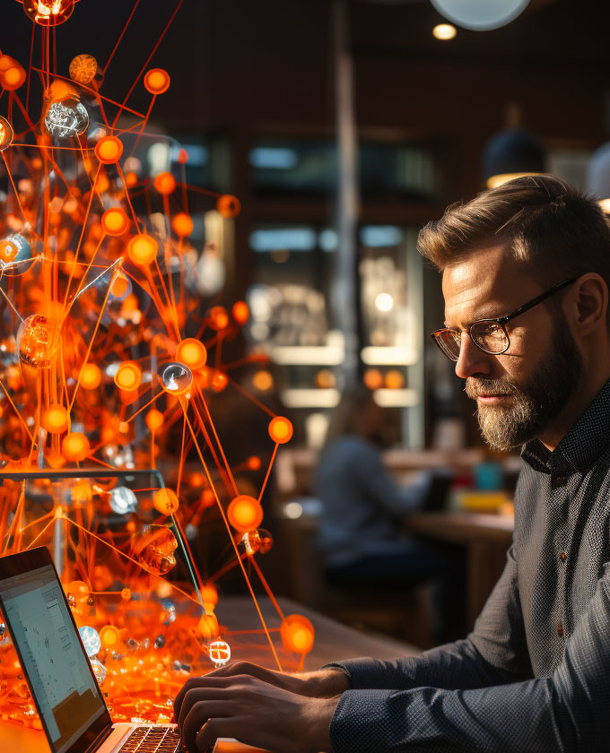 man wearing glasses looking at pc - with HubSpot Hub lookalike symbols floating in the air - orange and glowing